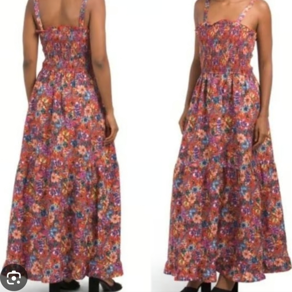 BOG Collective Red Floral Smocked Maxi Sundress XS Ruffled Hem Boho Peasant